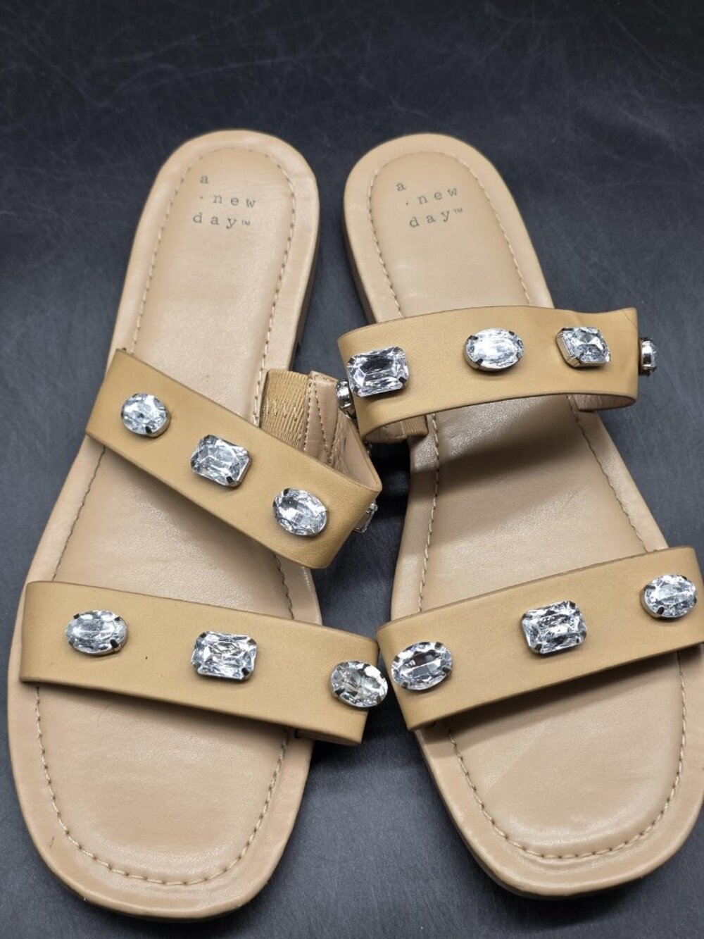 A New Day Sandals Womens Size 10 41 Beige Rhinestone Jewel Slide Shoes